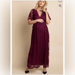 Elegant Lace Maxi Maternity Dress in Burgundy